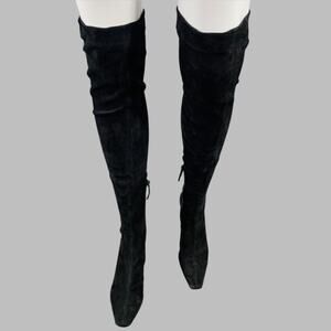 THE ROW Size 7.5 Black Suede Square Toe Thigh High Boots